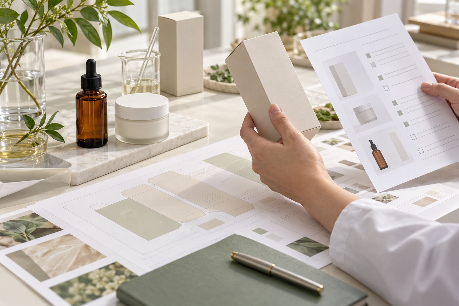 Hands comparing a skincare carton with packaging artwork beside an amber serum bottle and cream jar