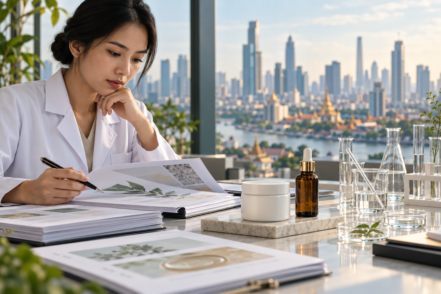 Cosmetic jars, serum and technical folders arranged on a laboratory desk overlooking a Southeast Asian city