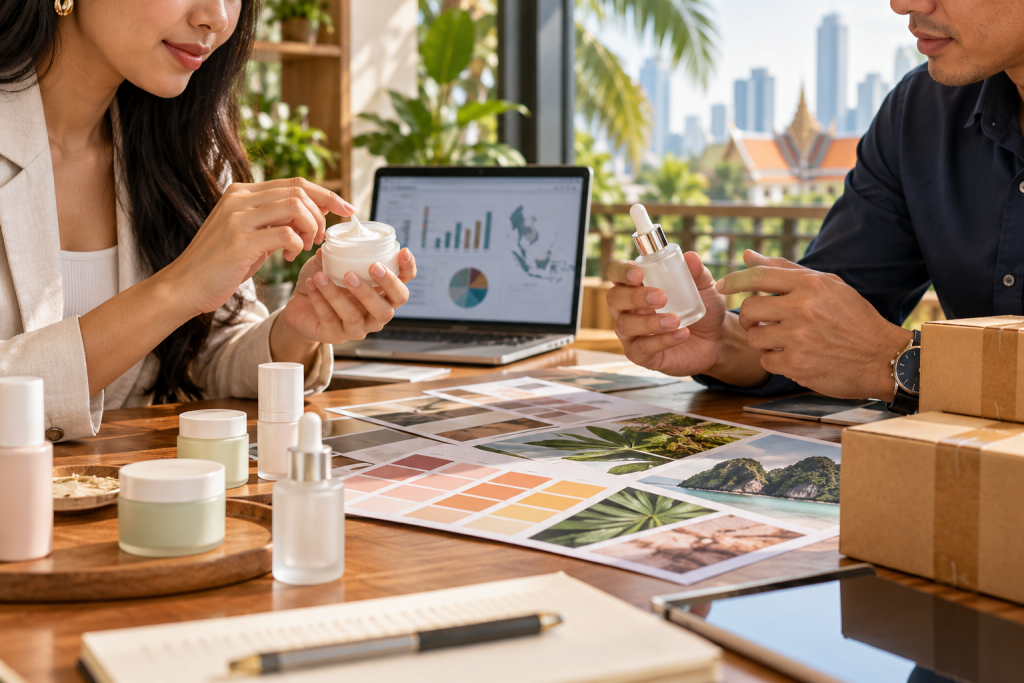 A brand team reviews skincare samples and packaging beside a laptop and shipping cartons
