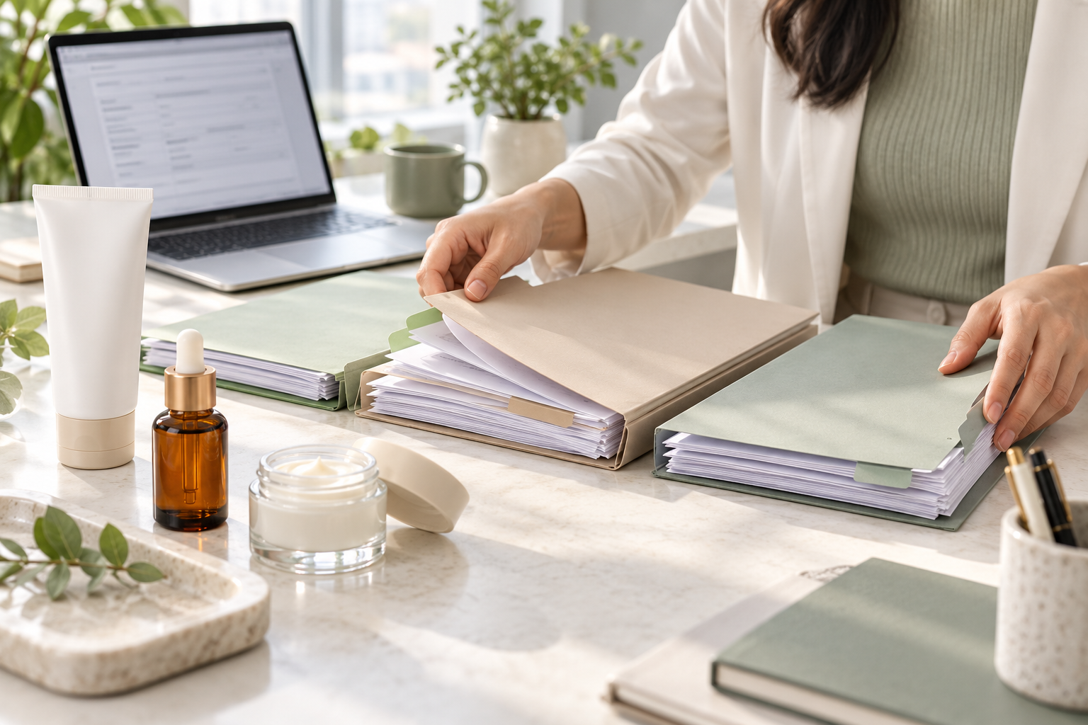 ASEAN Cosmetic Notification Requirements Hands organizing cosmetic notification folders beside an unbranded tube, serum bottle and cream jar