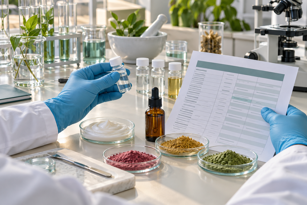 Gloved hands reviewing ingredient specifications beside cosmetic raw material vials and skincare samples