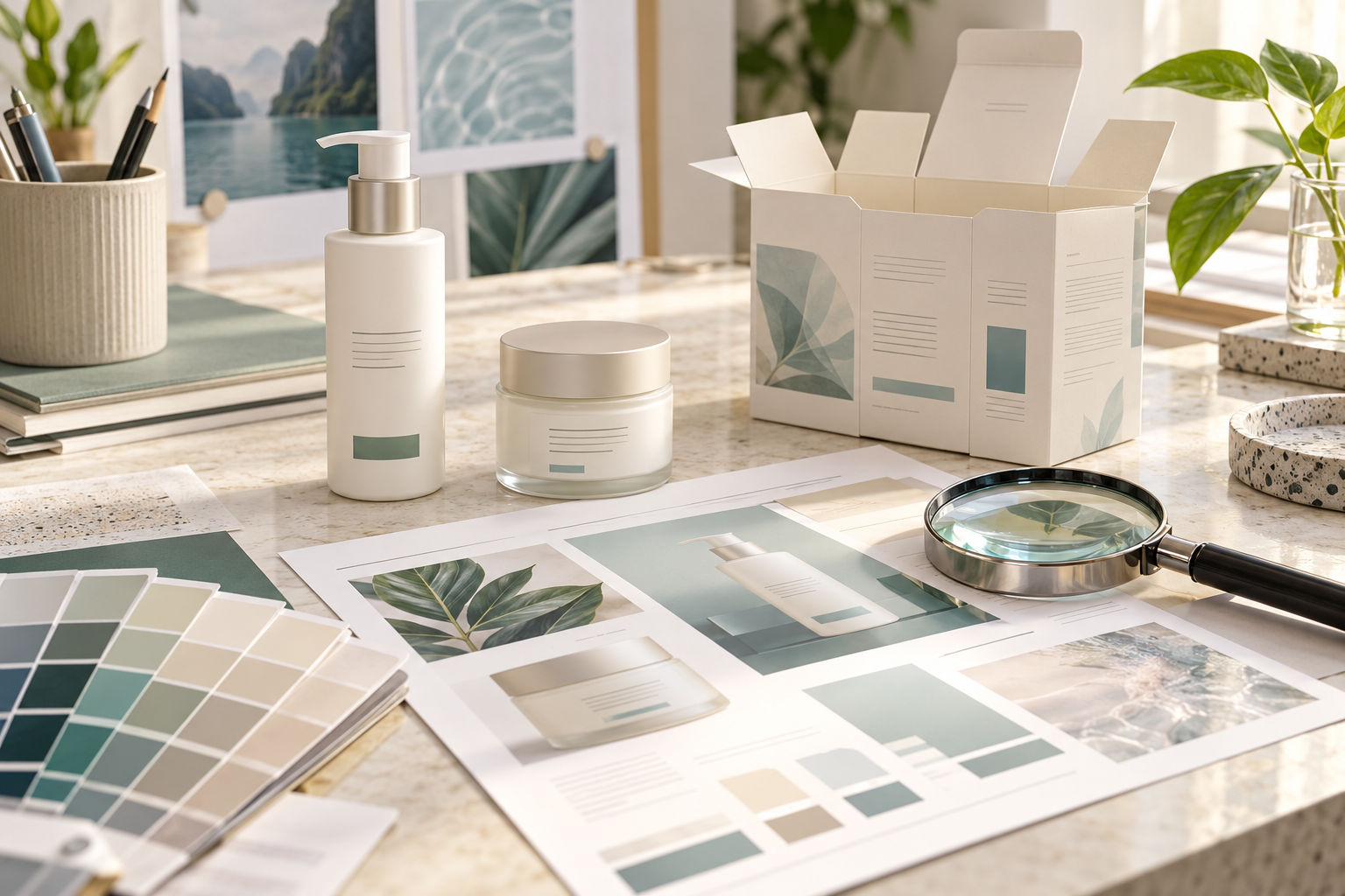 Skincare bottle and jar beside carton artwork proofs and a magnifying glass on a packaging review desk