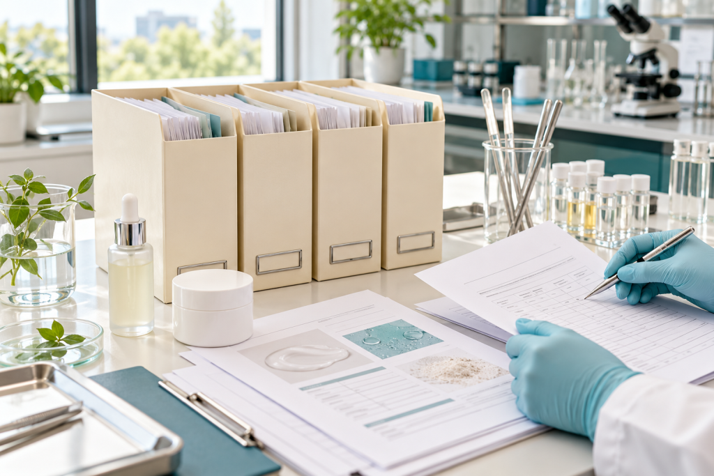 Four organized document folders beside skincare samples and specification sheets on a laboratory desk
