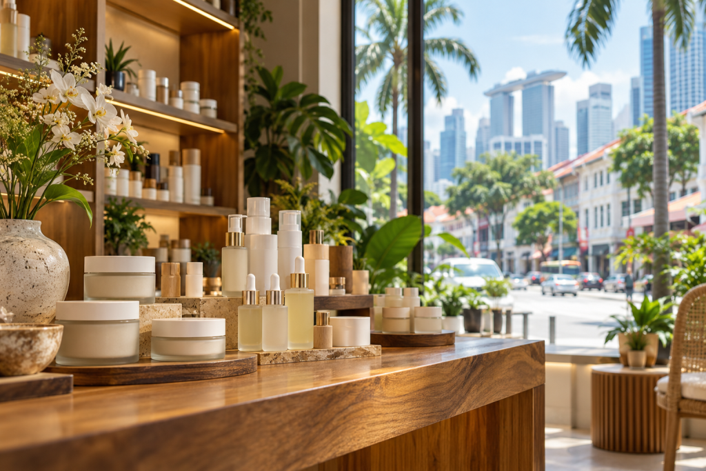Unbranded skincare jars and serum bottles displayed on a Singapore retail counter