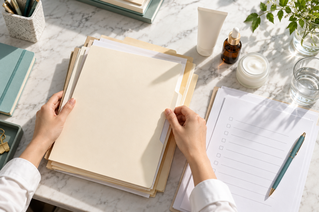 Cosmetic product folders and skincare samples arranged for a Singapore notification review