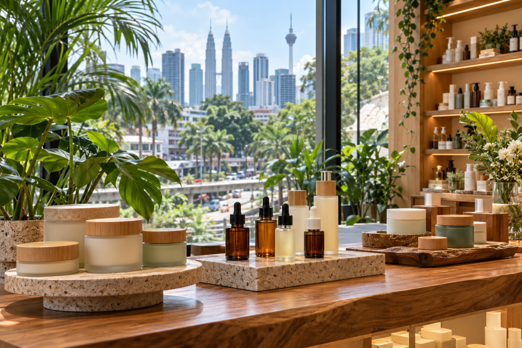 How to Sell Cosmetics in Malaysia Unbranded skincare bottles and jars displayed in a Malaysian beauty boutique
