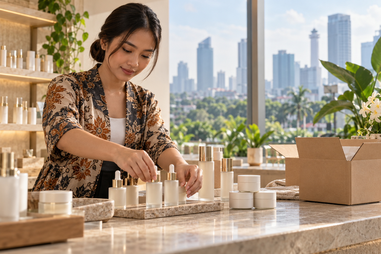 How to Sell Cosmetics in Indonesia Unbranded skincare samples arranged on a beauty retail counter beside a shipping carton in Jakarta
