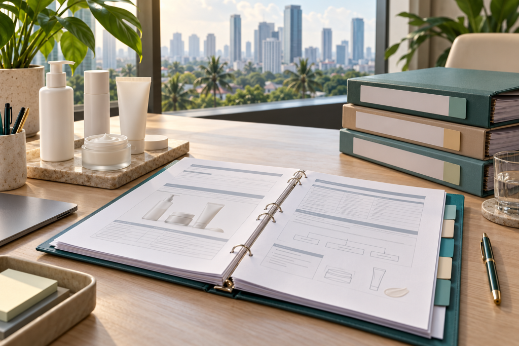 Indonesia BPOM Cosmetic Registration Guide Skincare samples and tabbed product folders arranged for an Indonesian cosmetic notification review