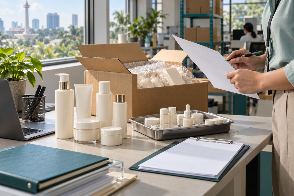 BPOM Requirements for Imported Cosmetics Unbranded skincare products beside a shipping carton and shipment checklist on an inspection desk