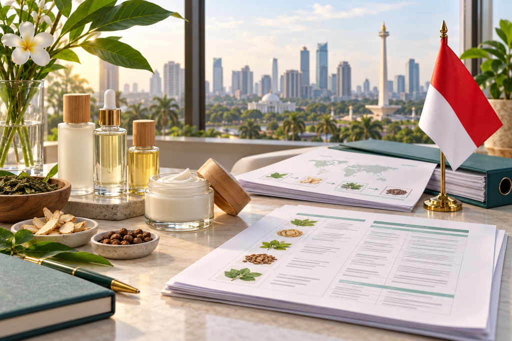 Indonesia Halal Requirements for Cosmetic Products Unbranded skincare bottles, ingredient records and an Indonesian desk flag arranged for a product compliance review