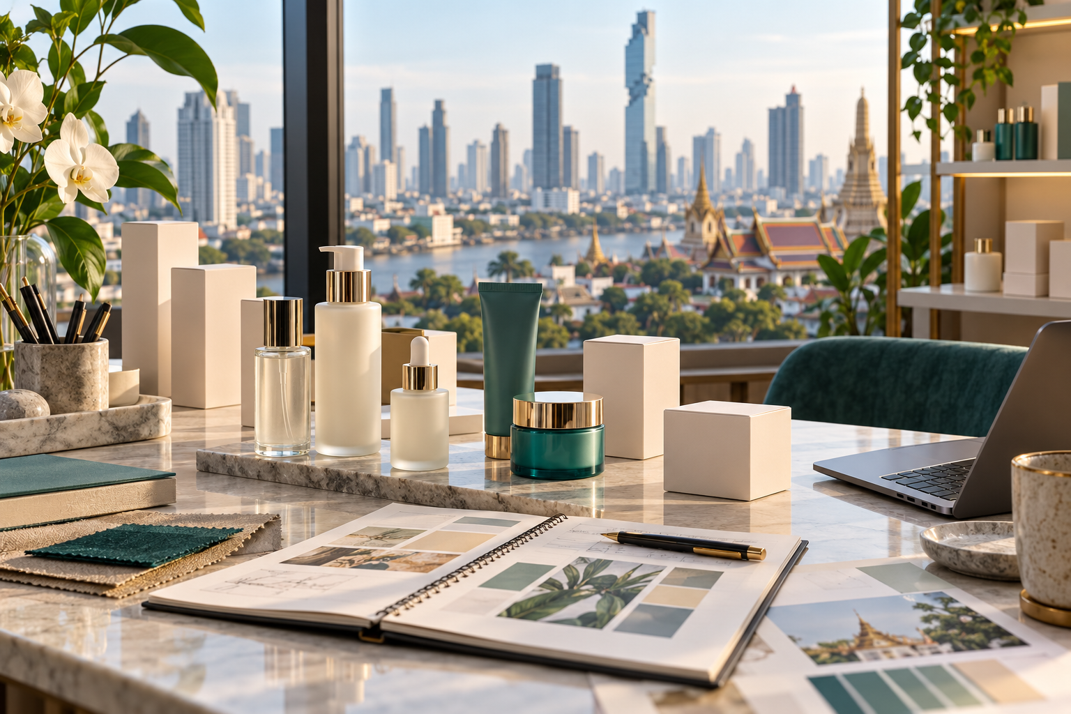Unbranded skincare bottles and cartons on a Bangkok market launch planning desk
