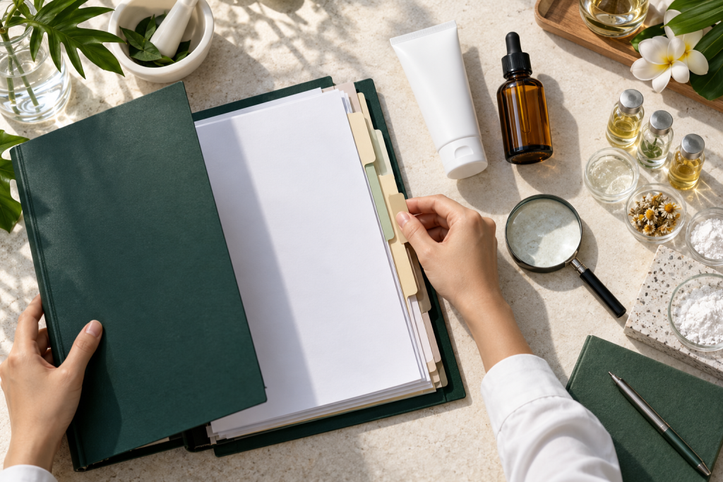 Thailand FDA Cosmetic Notification Guide Hands organising a Thai cosmetic notification dossier beside a serum bottle and sample tube