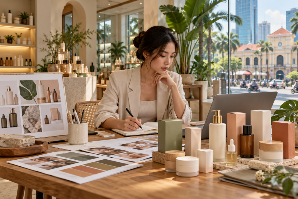 How to Sell Cosmetics in Vietnam Unbranded skincare bottles and cartons on a Vietnam retail launch planning desk