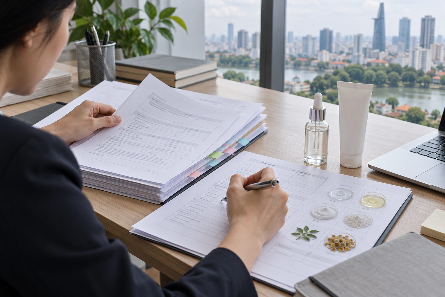 Vietnam Cosmetic Product Notification Guide Hands reconciling a cosmetic notification dossier beside a serum bottle and sample tube