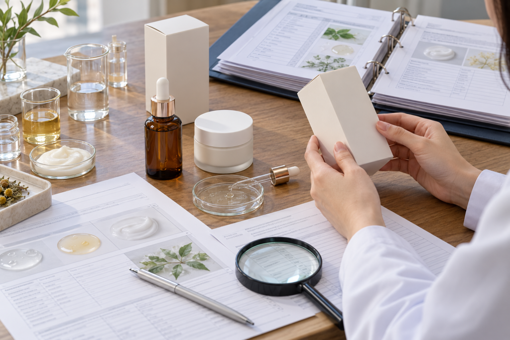 Philippines FDA Cosmetic Product Requirements Reviewer checking cosmetic packaging beside a serum bottle and an open technical dossier