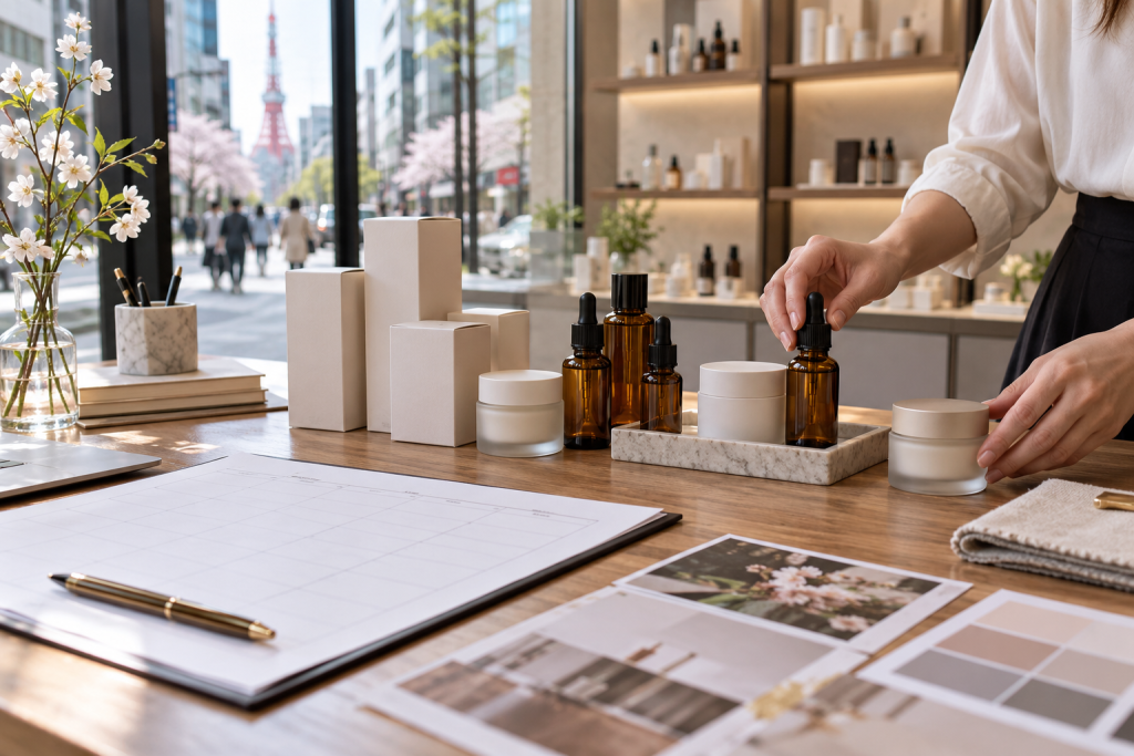 How to Sell Cosmetics in Japan Unbranded cosmetic bottles and cartons arranged on a Japan retail launch planning desk