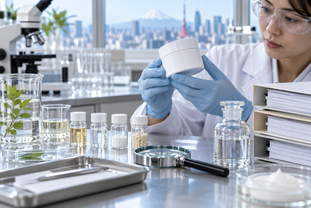 Japan Cosmetic Regulations Explained Gloved hand reviewing cosmetic packaging beside sample vials and regulatory folders