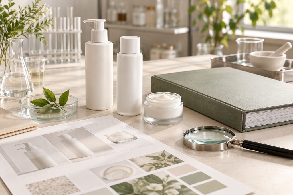 Cosmetics vs Quasi-Drugs in Japan Unbranded skincare bottles and packaging proofs arranged beside a formula dossier and magnifying glass