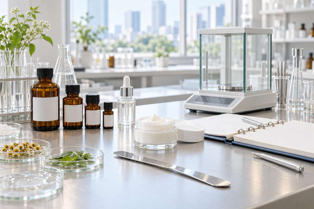 Japanese Cosmetic Ingredient Requirements Cosmetic ingredient samples, an analytical balance and formulation records on a laboratory workbench