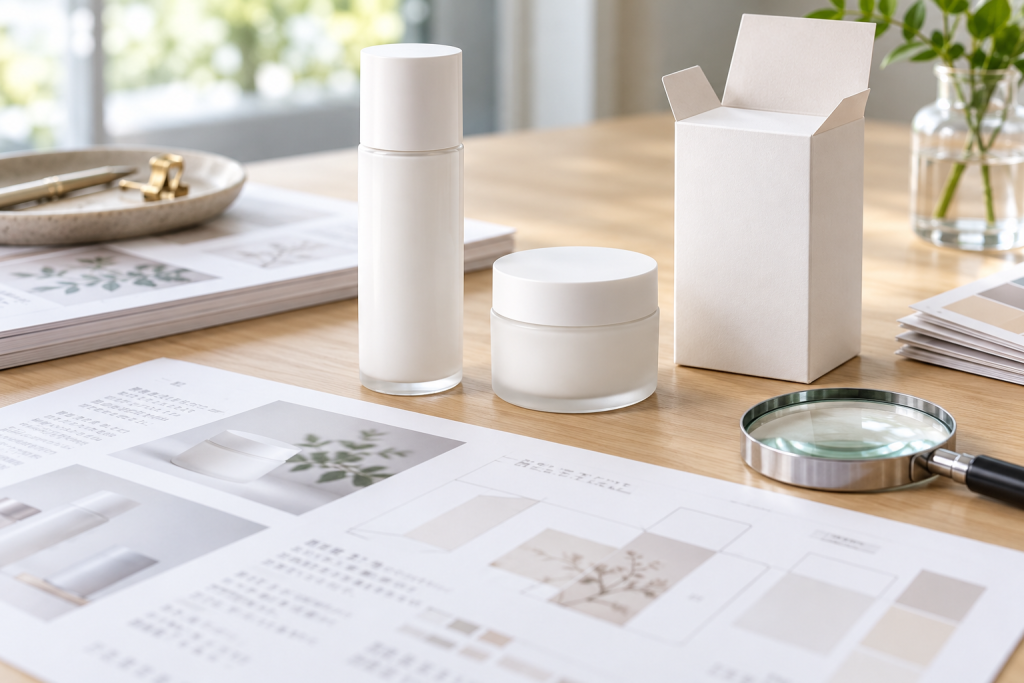 Japanese Cosmetic Labeling Requirements Skincare bottle, jar and carton beside a magnifying glass and packaging proof sheets