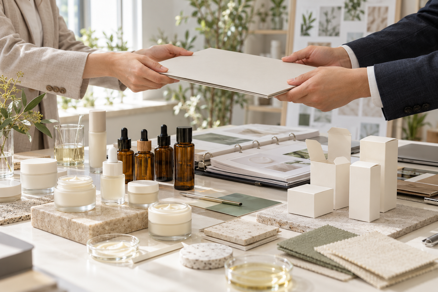 Private Label Cosmetics for Japan: Compliance Guide Cosmetic jars, amber serum bottles and packaging proofs beside a manufacturing handover folder