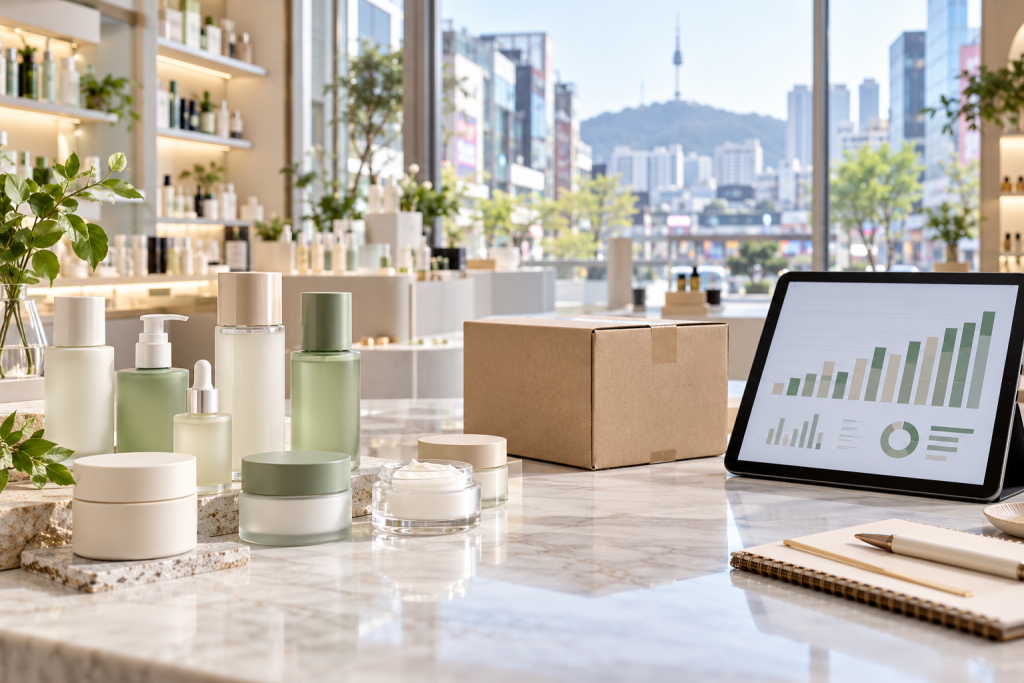 Skincare bottles and jars beside a shipping carton on a Korean beauty retail counter