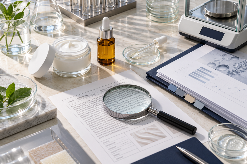 Cosmetic samples, a pipette and an ingredient label proof arranged with quality-control records