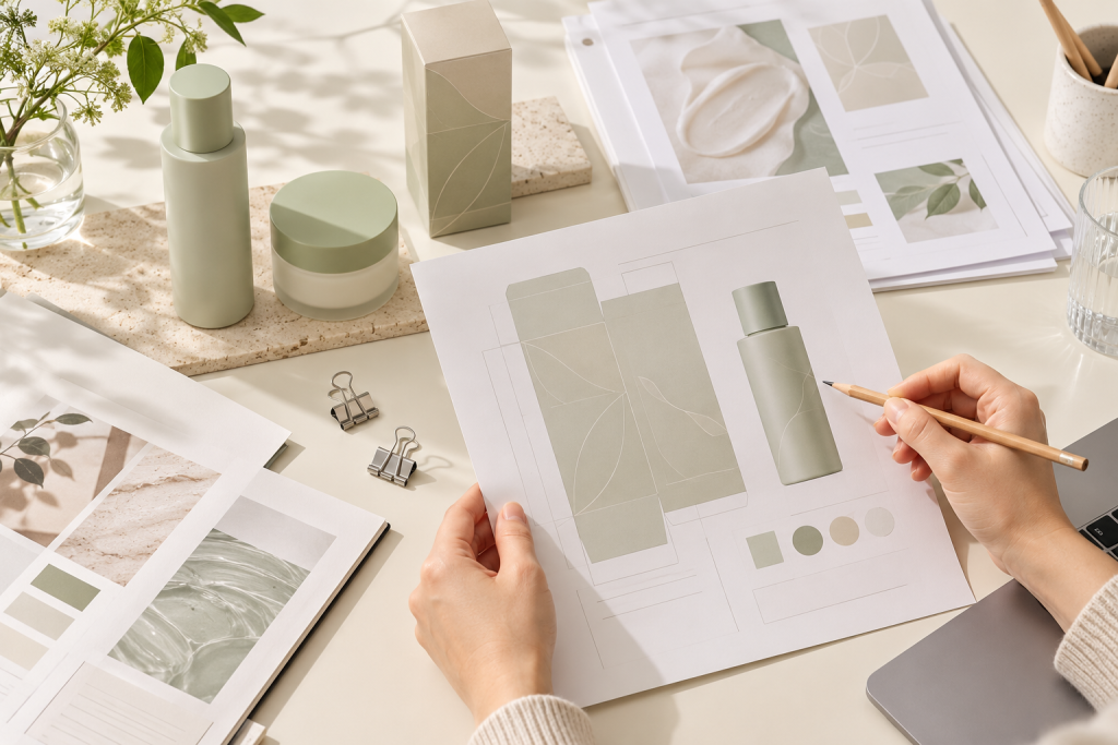 Hands reviewing a cosmetic packaging proof beside skincare samples and an organised document checklist