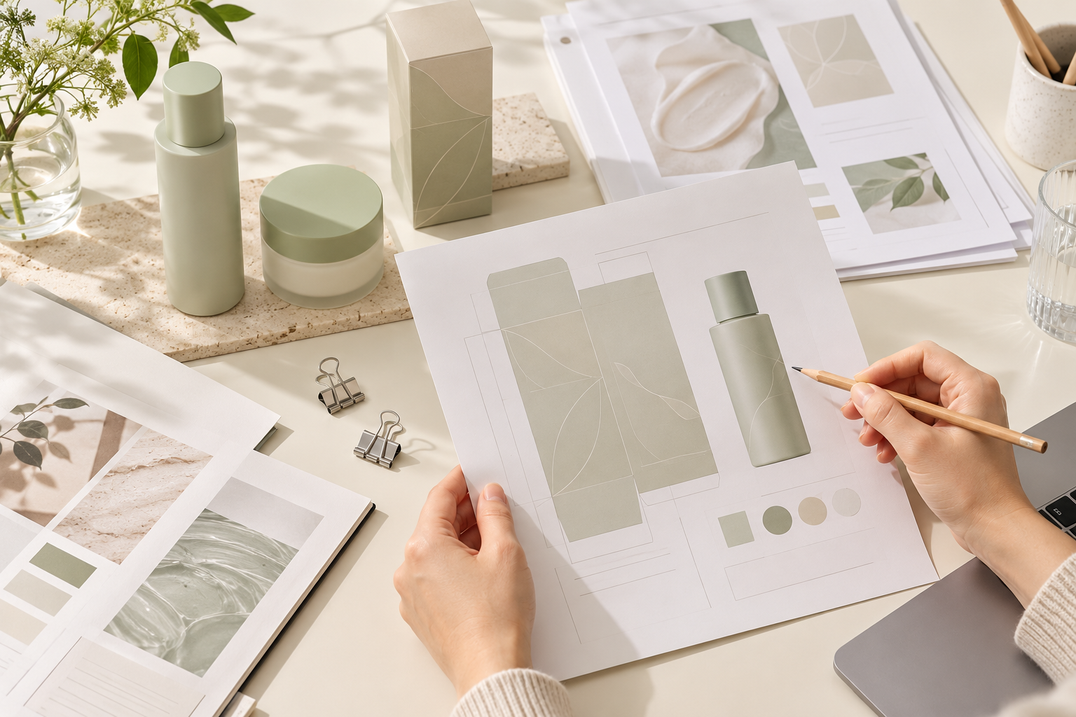 MFDS Cosmetic Requirements for Beauty Brands Hands reviewing a cosmetic packaging proof beside skincare samples and an organised document checklist