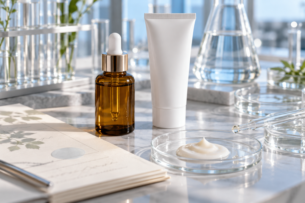 Cosmetic laboratory samples and a pipette arranged beside controlled functional product study records
