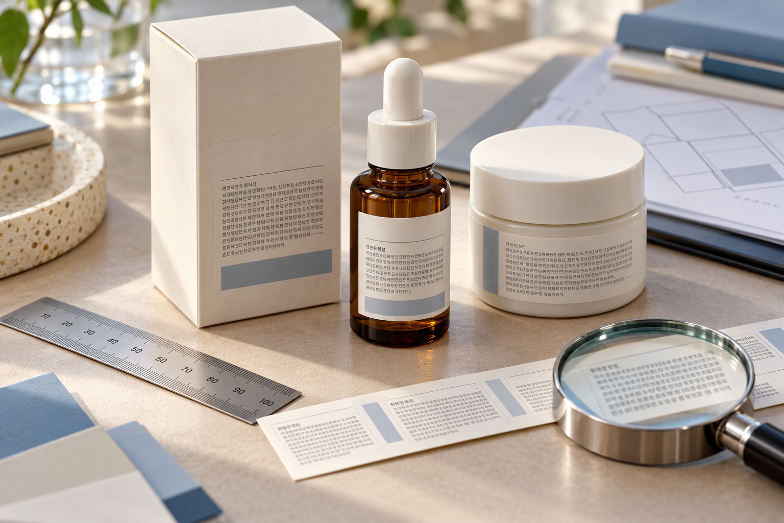 Korean Cosmetic Labeling Requirements Skincare cartons and bottles beside a label sheet, ruler and magnifying glass on a packaging review desk