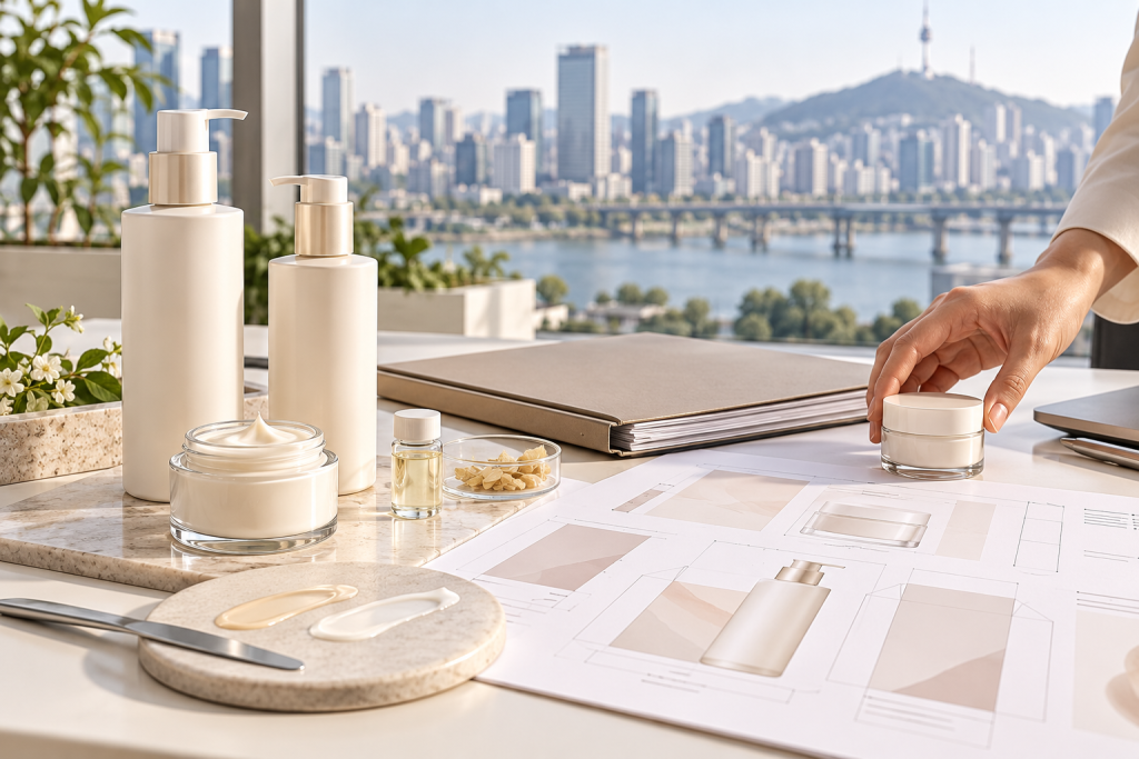 Unbranded cosmetic samples beside packaging proofs and a contract folder on a sunlit desk