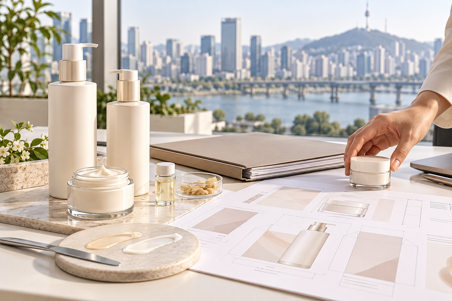 Private Label Cosmetics for South Korea: Compliance Guide Unbranded cosmetic samples beside packaging proofs and a contract folder on a sunlit desk
