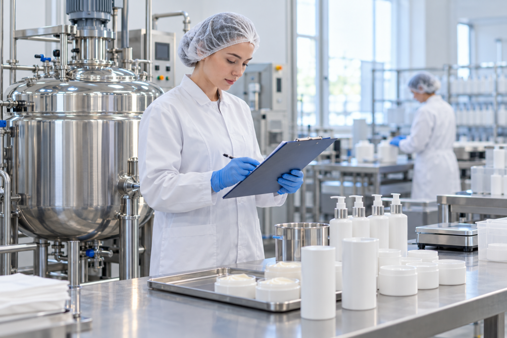 Technician reviewing a batch record beside clean stainless cosmetic manufacturing equipment