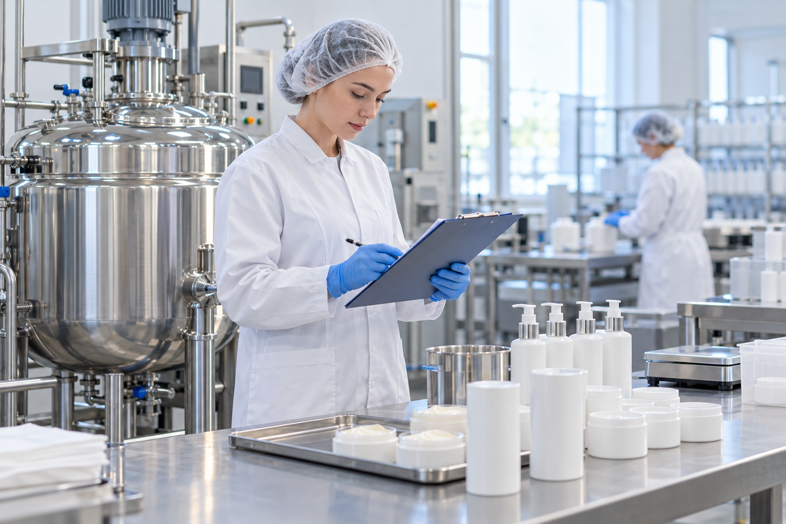 What Is Cosmetic GMP? Technician reviewing a batch record beside clean stainless cosmetic manufacturing equipment