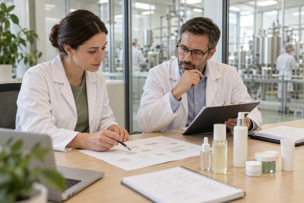 Quality professionals reviewing batch records and cosmetic samples during a factory audit meeting