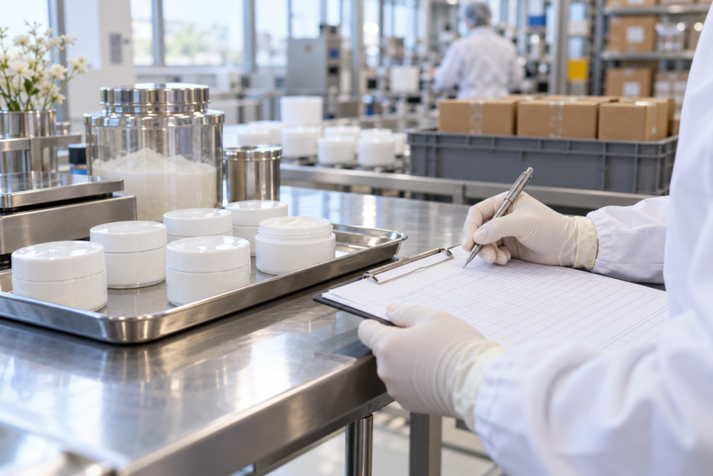 What Is ISO 22716 for Cosmetics? Gloved hands checking a batch record beside skincare jars on a clean cosmetic production bench