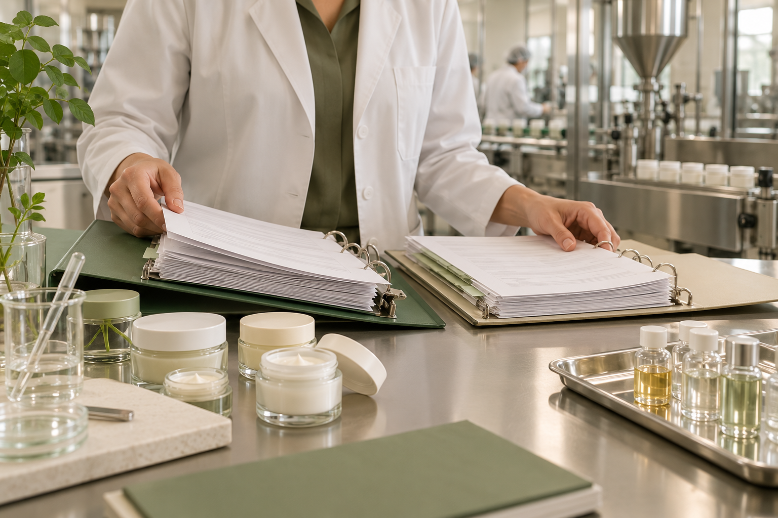 Quality manager comparing open manufacturing record binders beside cream jars and cosmetic sample vials