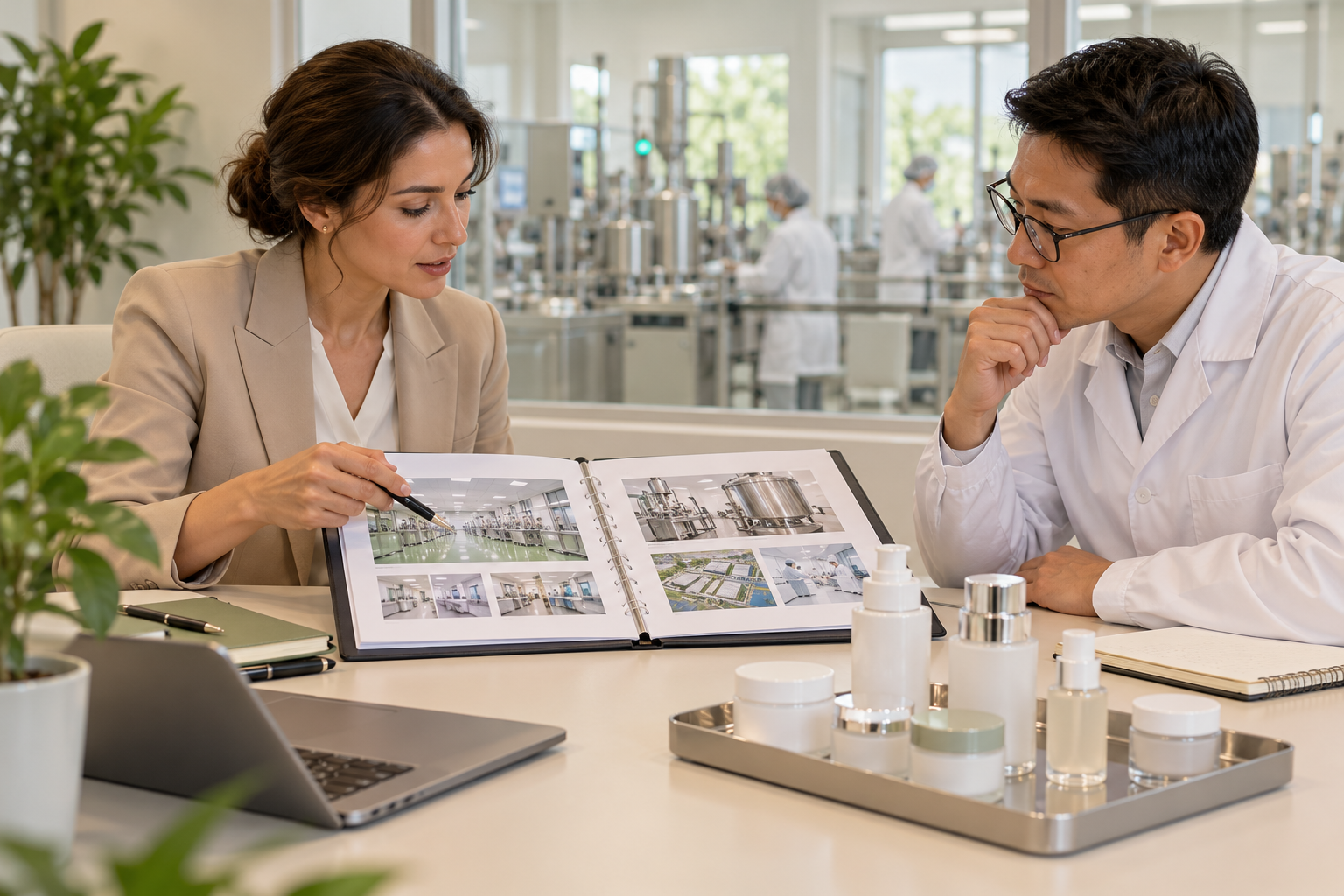 Why ISO 22716 Matters When Choosing a Cosmetic Manufacturer Procurement professional and quality specialist reviewing a factory folder beside cosmetic jars and pump bottles