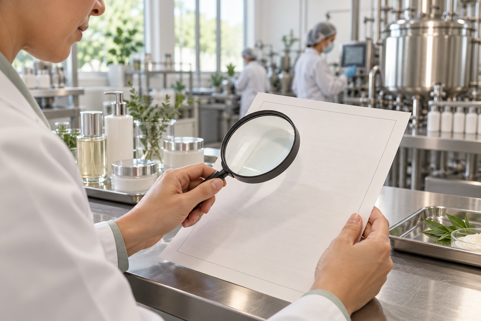 What Is GMPC Certification? Quality specialist examining a manufacturing document with a magnifying glass in a cosmetic laboratory