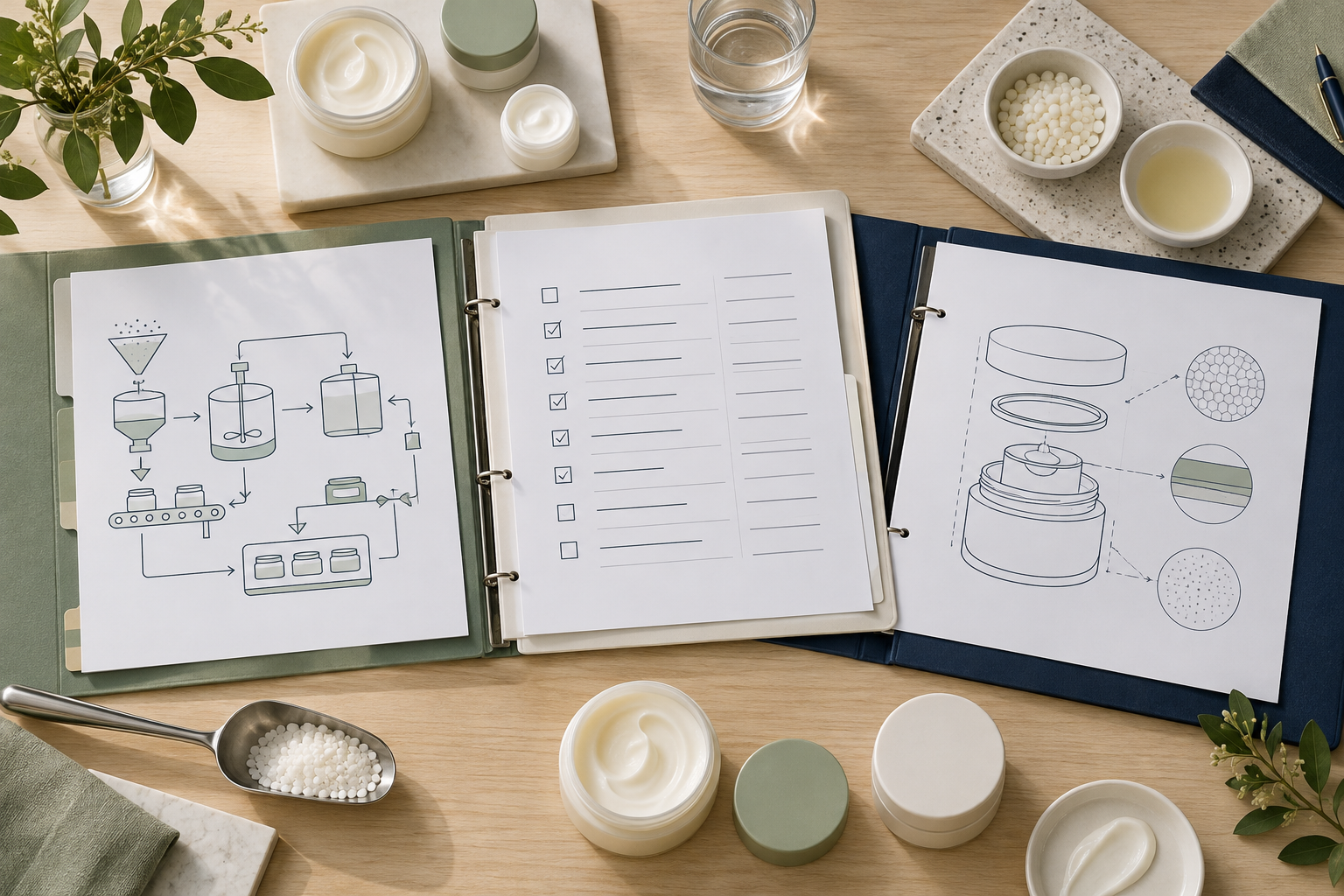 Three open manufacturing evidence folders with cosmetic jars on a quality review table