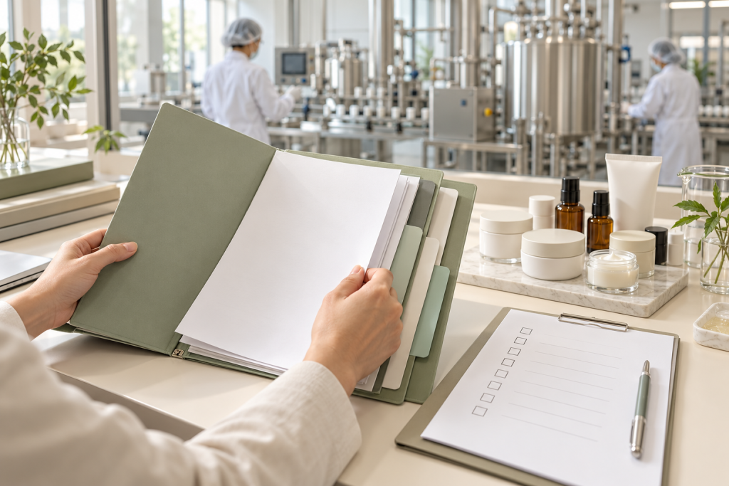 What Certifications Should a Cosmetic OEM Factory Have? Hands reviewing supplier qualification documents beside cosmetic jars and sample bottles in a laboratory