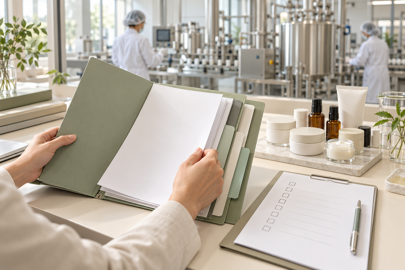 Hands reviewing supplier qualification documents beside cosmetic jars and sample bottles in a laboratory