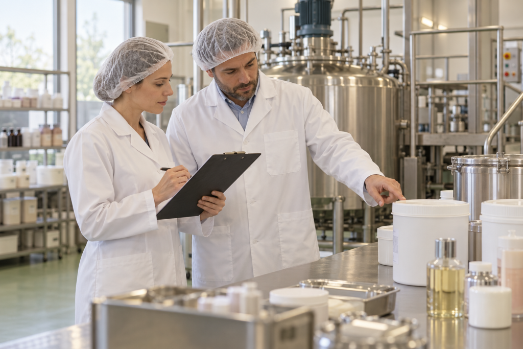 How to Audit a Cosmetic Manufacturer Quality specialists reviewing a batch record beside stainless steel cosmetic manufacturing equipment