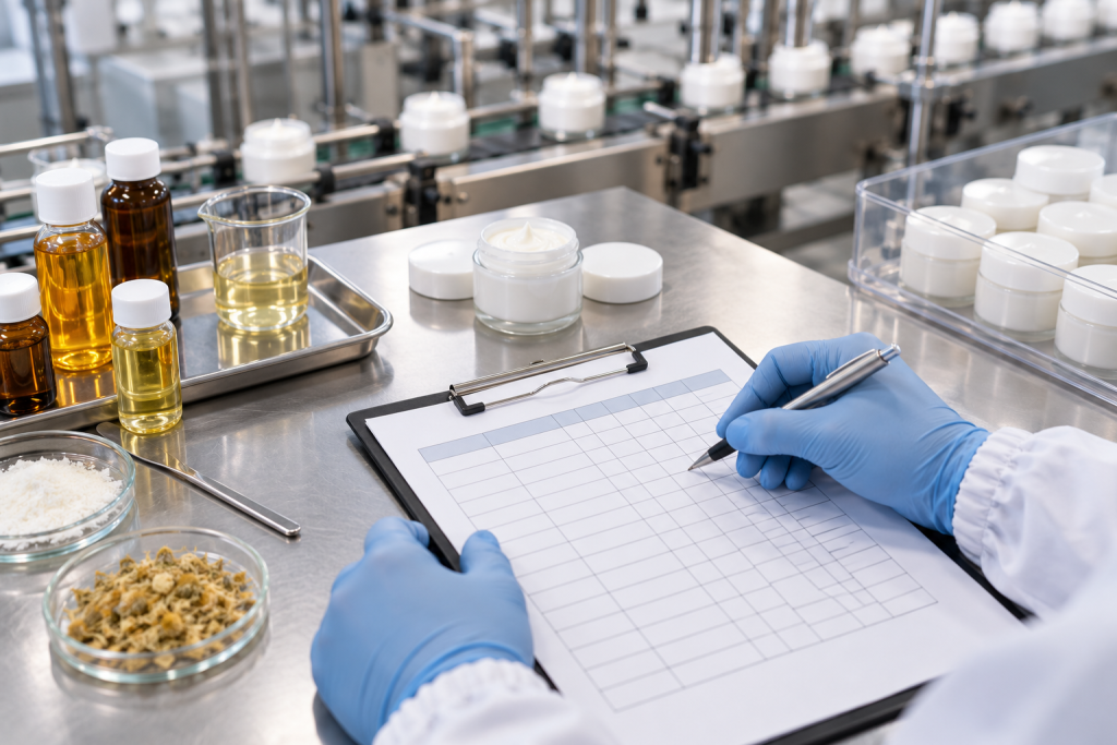 Cosmetic Factory Audit Checklist for Beauty Brands Gloved hands checking an inspection grid beside cosmetic samples on a clean laboratory bench