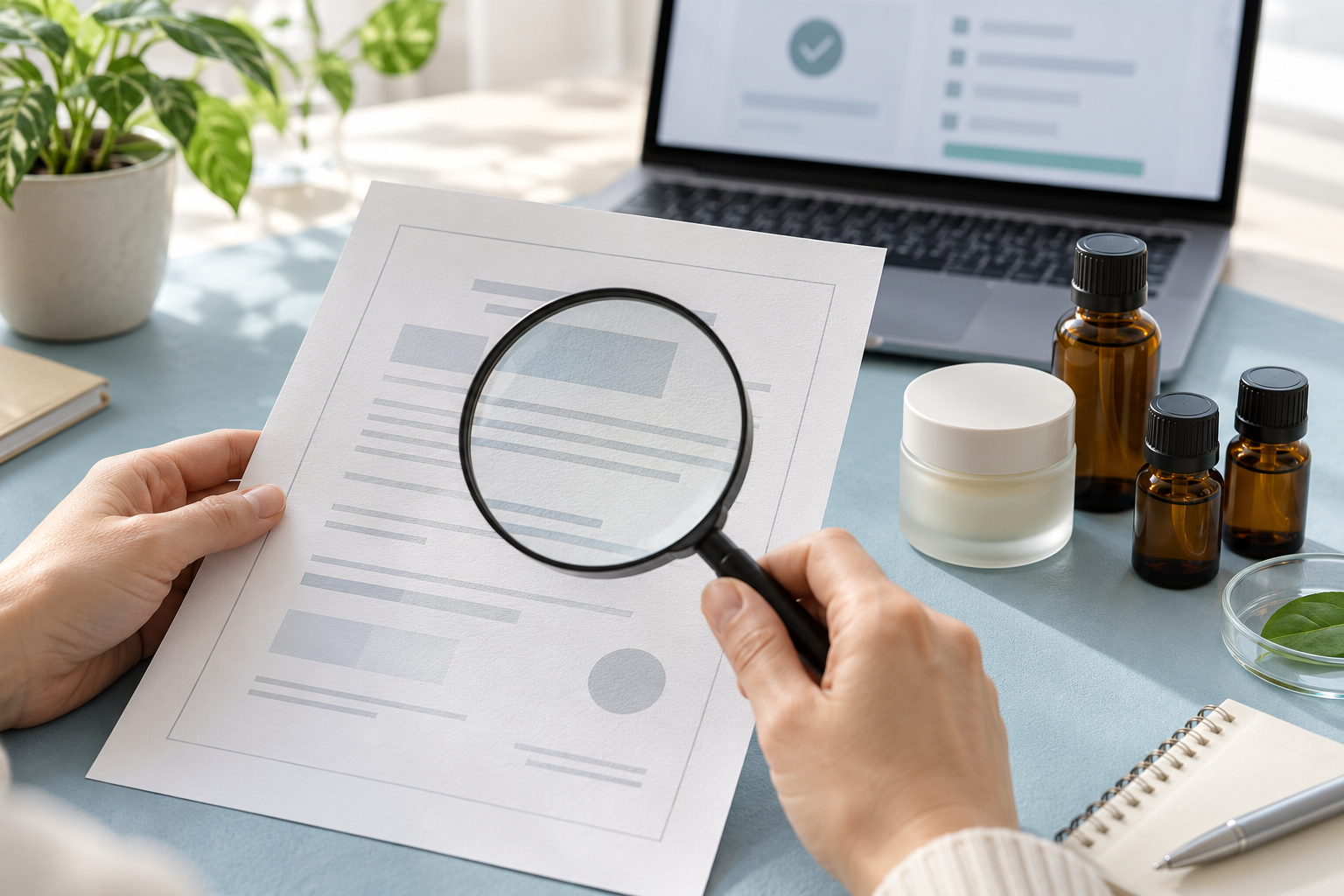 How to Verify a Cosmetic Manufacturer’s Certificates A hand checking a supplier document with a magnifying glass beside a laptop and cosmetic samples