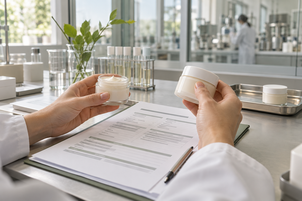 Why Factory Certification Matters for Private Label Cosmetics Hands comparing a cosmetic jar and retained samples with quality agreement documents in a laboratory