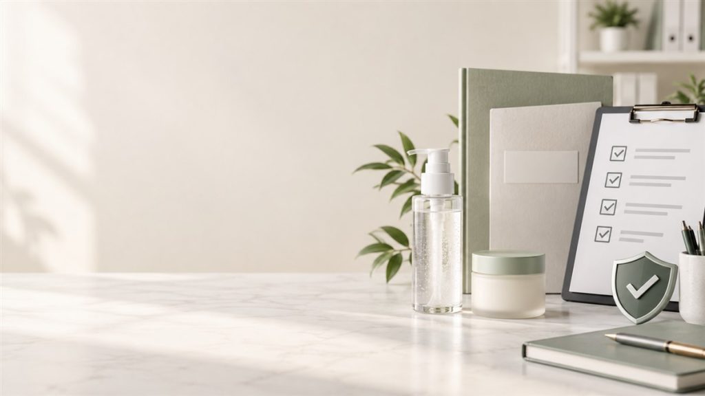 Флакон косметического продукта рядом с проверочным списком сообщений о безопасности и щитом